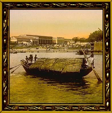 Calcutta - 3 Oarsmen pulling long narrow passenger boat